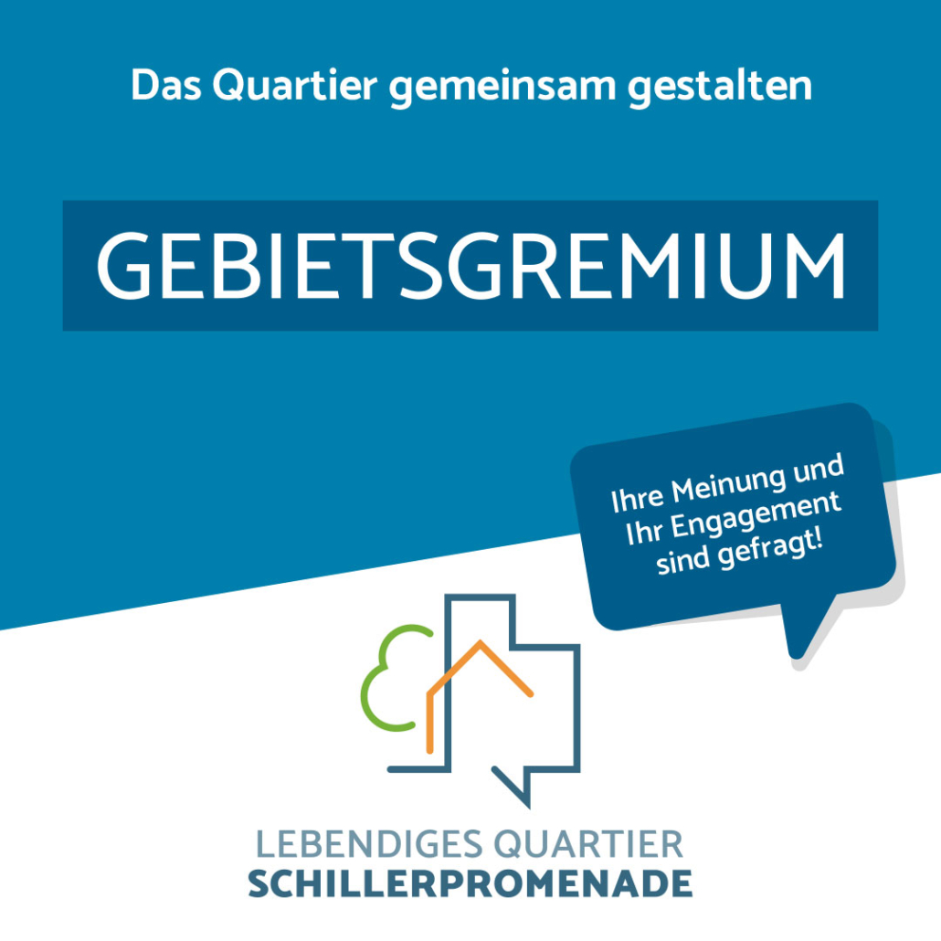 Grafik mit Logo des Quartiers und dem Schriftzug "Gebietsgremium - Ihre Meinung und Ihr Engagement sind gefragt".