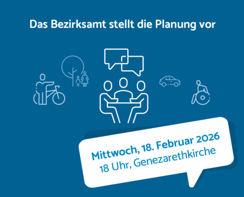 verschiedene Icons mit Personen, im Gespräch, mit Fahrrad, mit Rollstuhl, unter einem Baum und ein Auto